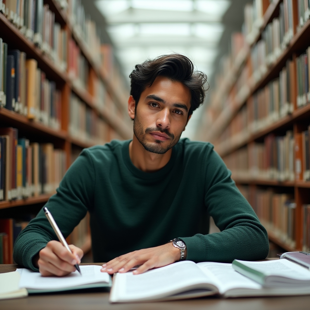 Persona che studia materiali di educazione finanziaria in una biblioteca moderna con luce naturale